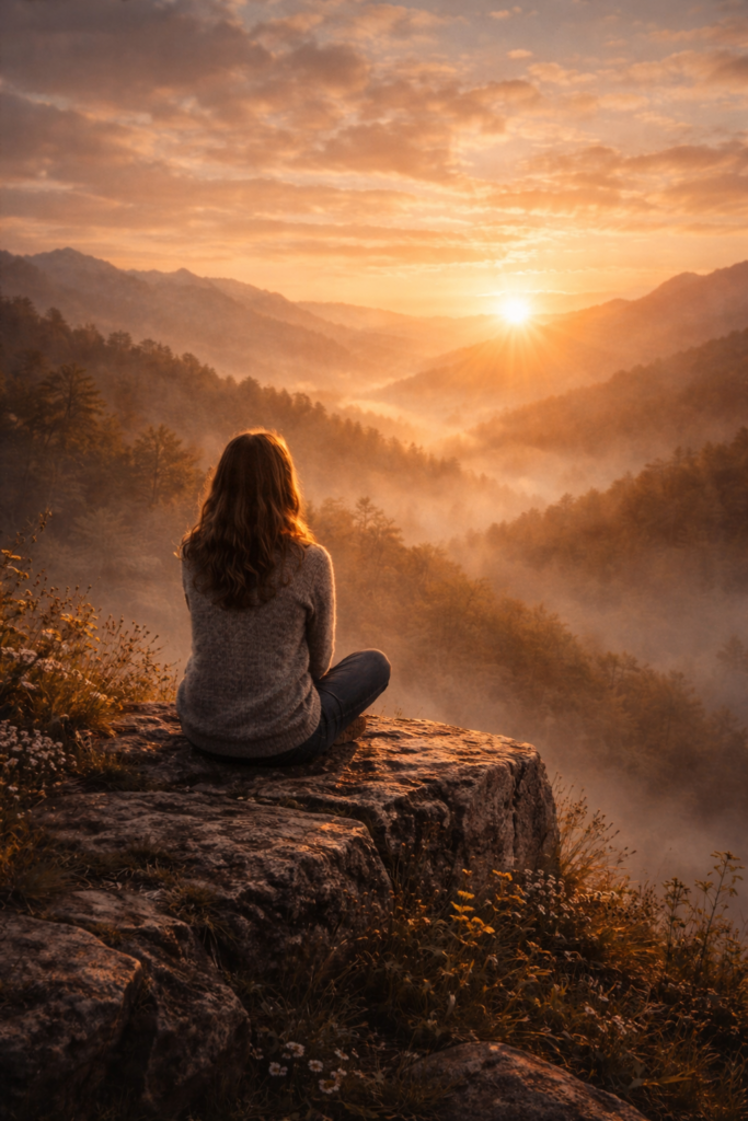 Person standing on a mountain at sunrise representing the power of positive thinking and a hopeful mindset.