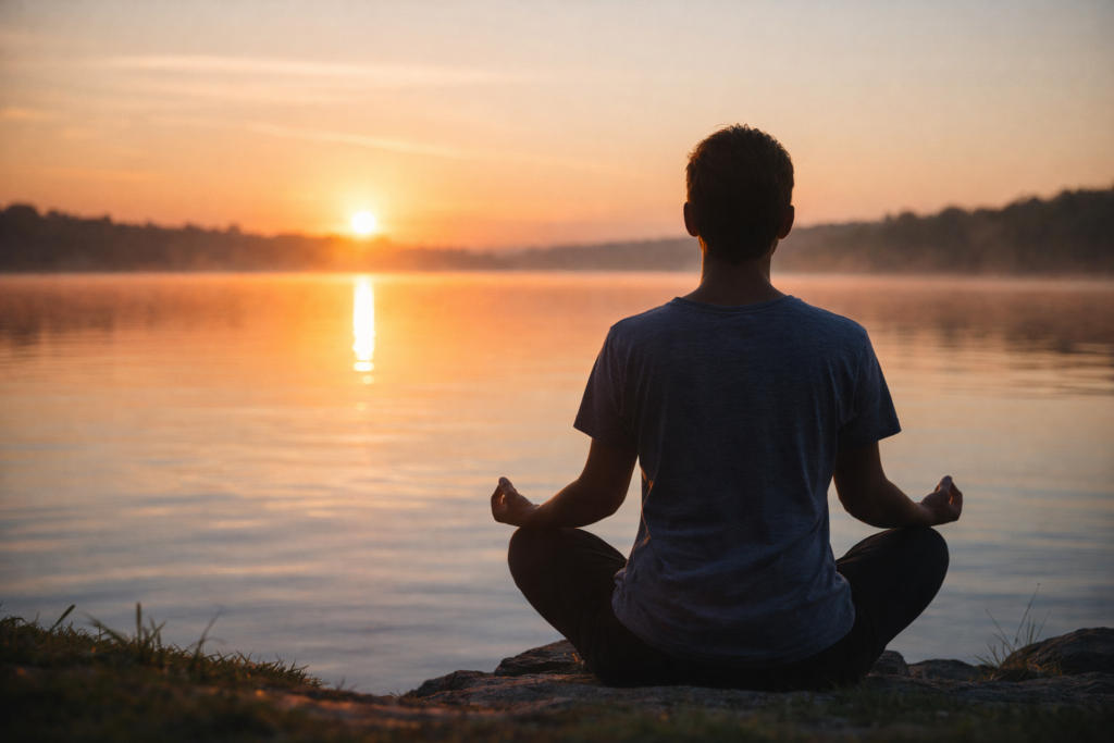 Man sitting peacefully by the lake at sunrise representing mental peace, mindfulness, and stopping overthinking.