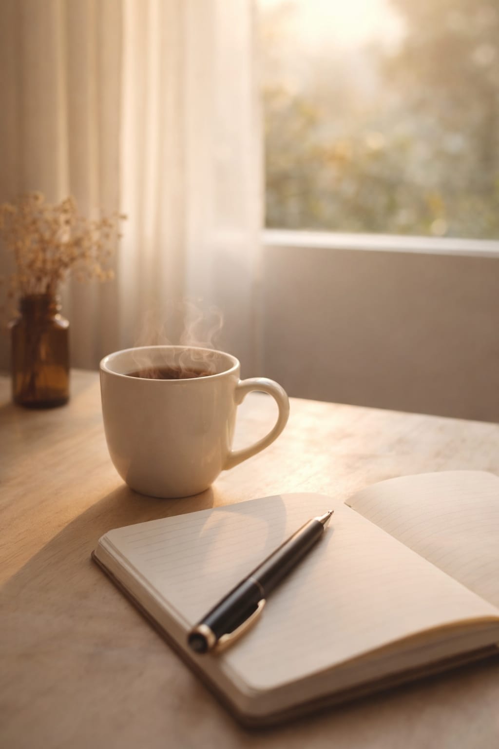 Peaceful daily thoughts with coffee and notebook by the window.