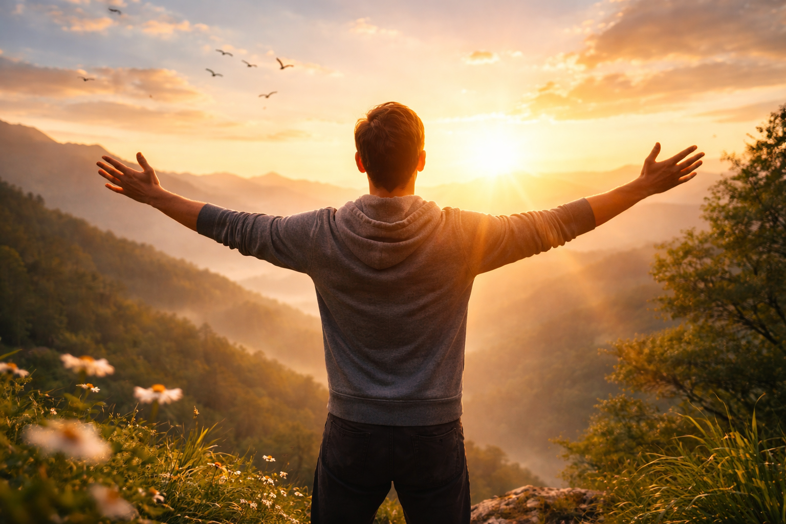 Person standing on a mountain at sunrise representing the power of positive thinking and a hopeful mindset.