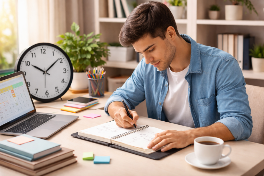 Person working at a desk with a clock and planner demonstrating effective time management and productivity.