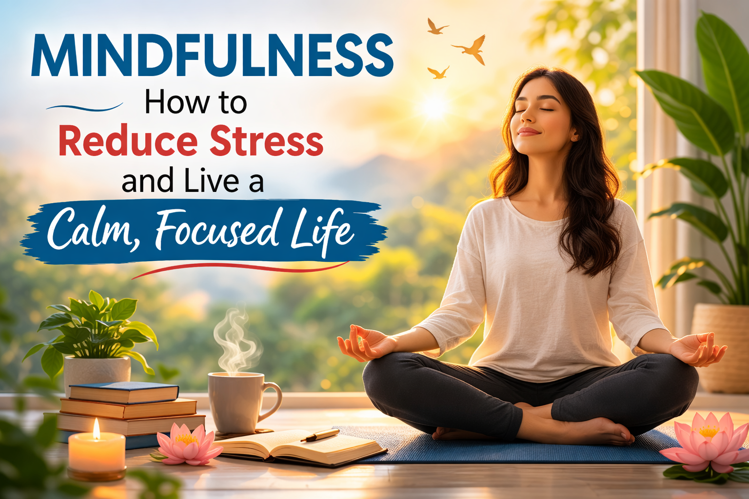 Person meditating in a serene natural environment, practicing mindfulness to reduce stress and improve mental clarity.