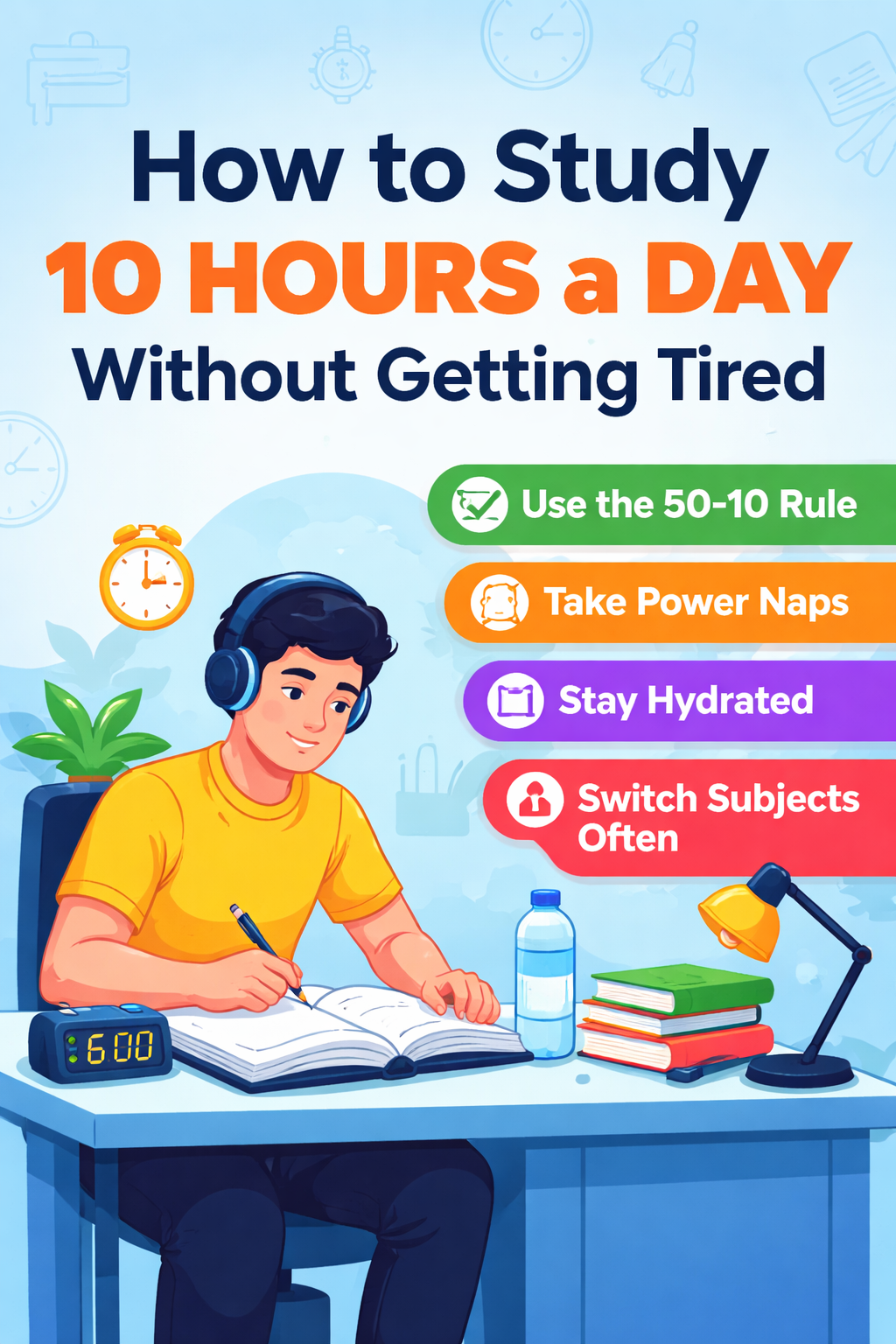 study 10 hours a day without getting tired tips with student studying illustration