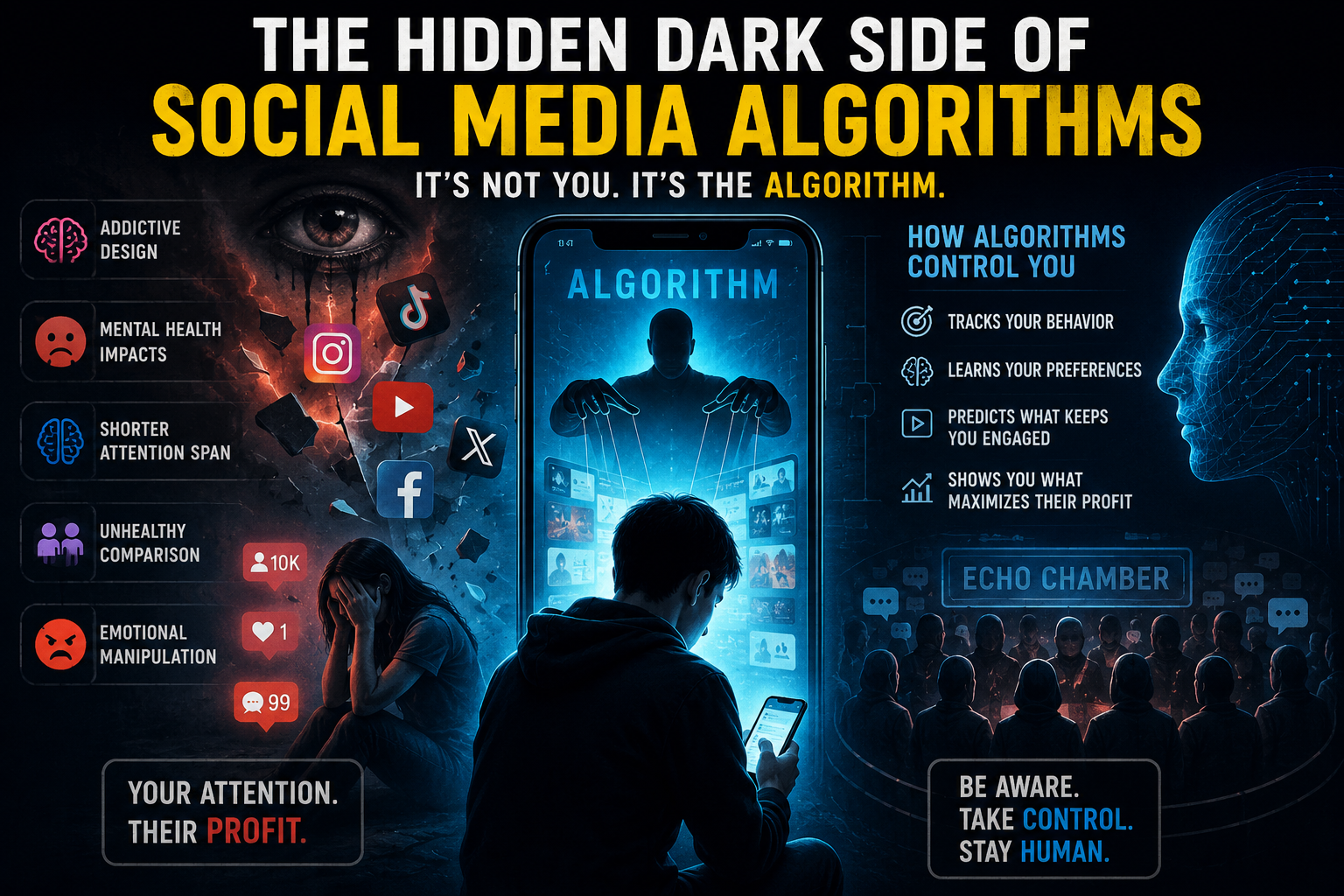 “Dark futuristic illustration showing the hidden impact of social media algorithms, featuring a person controlled through a smartphone, social media icons, emotional manipulation, addiction, echo chambers, and AI-driven digital influence.”